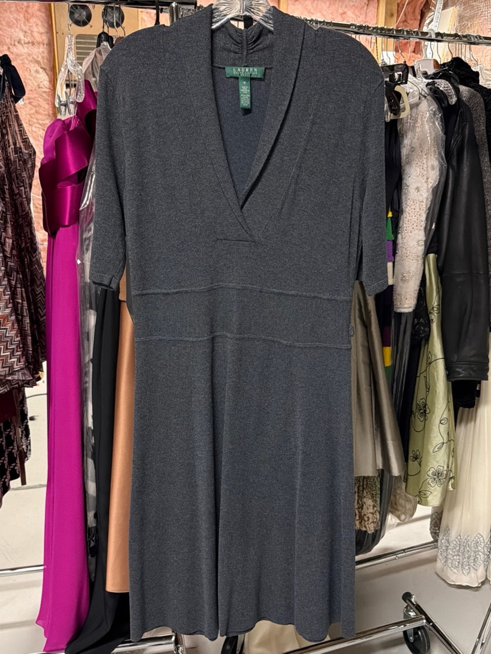 Lauren Ralph Lauren Charcoal Gray V-Neck Midi Dress
